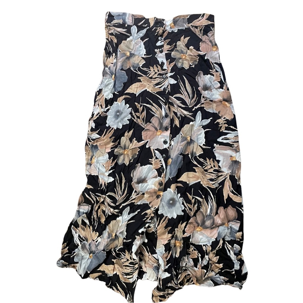 Vintage 1990s button-front black floral midiskirt